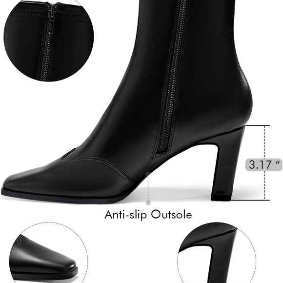 Womens Ankle Boots Faux Leather Rubber Soles Square Toe Chunky Heel - Picture 2 of 5